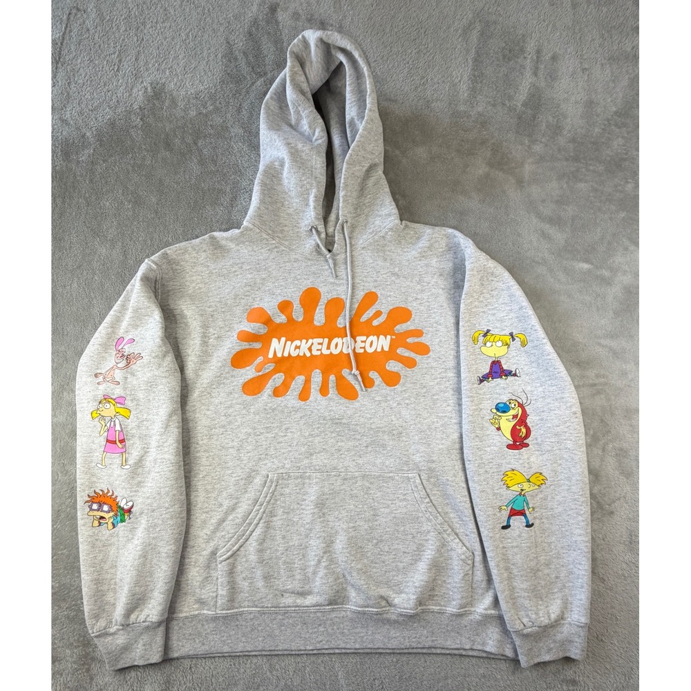 Nickelodeon Hoodie Men Large Gray 90s Characters Rugrats Hey Arnold Ren Stimpy